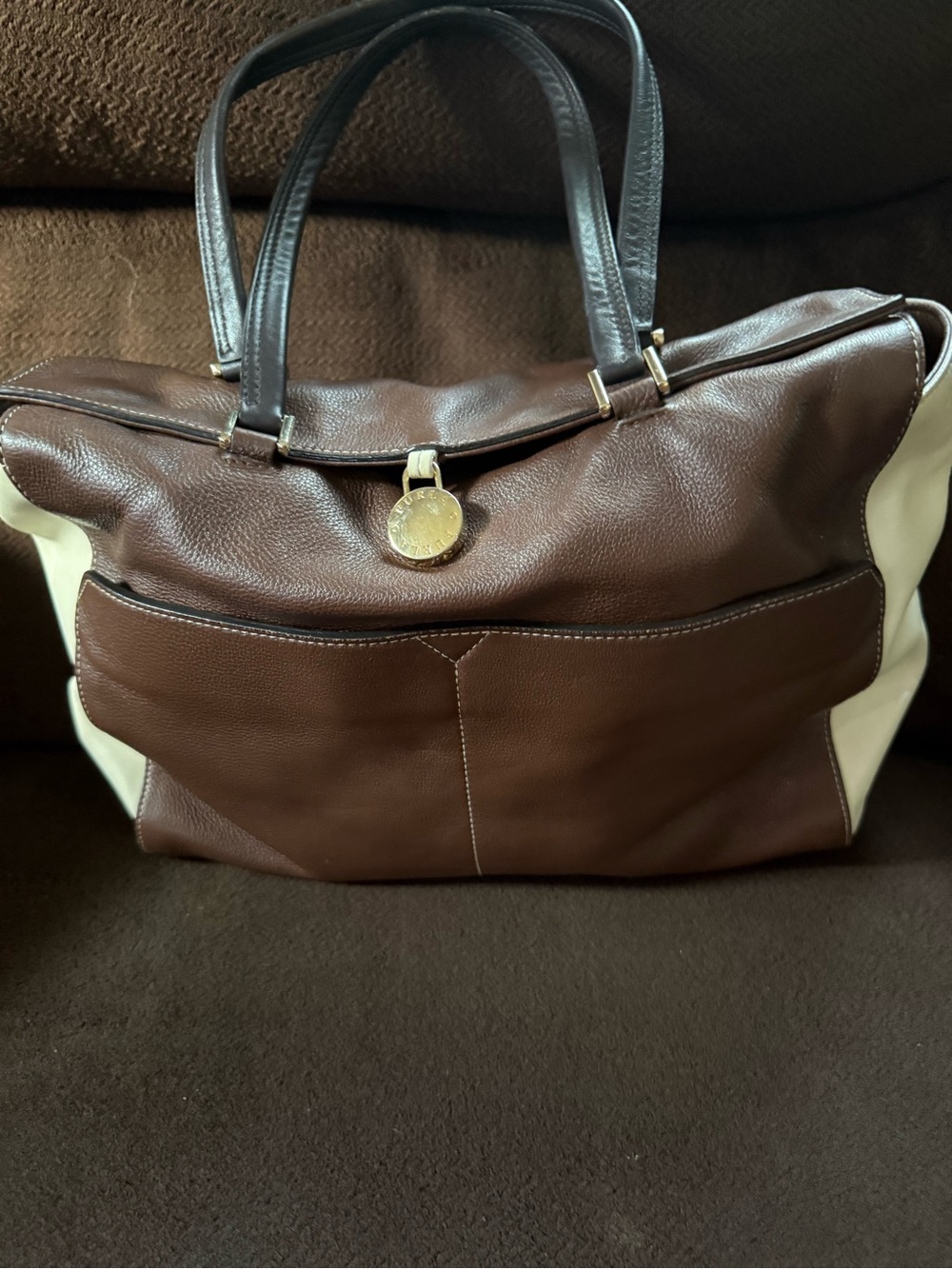 Furla Brown and Cream Leather Tote with Gold Medallion